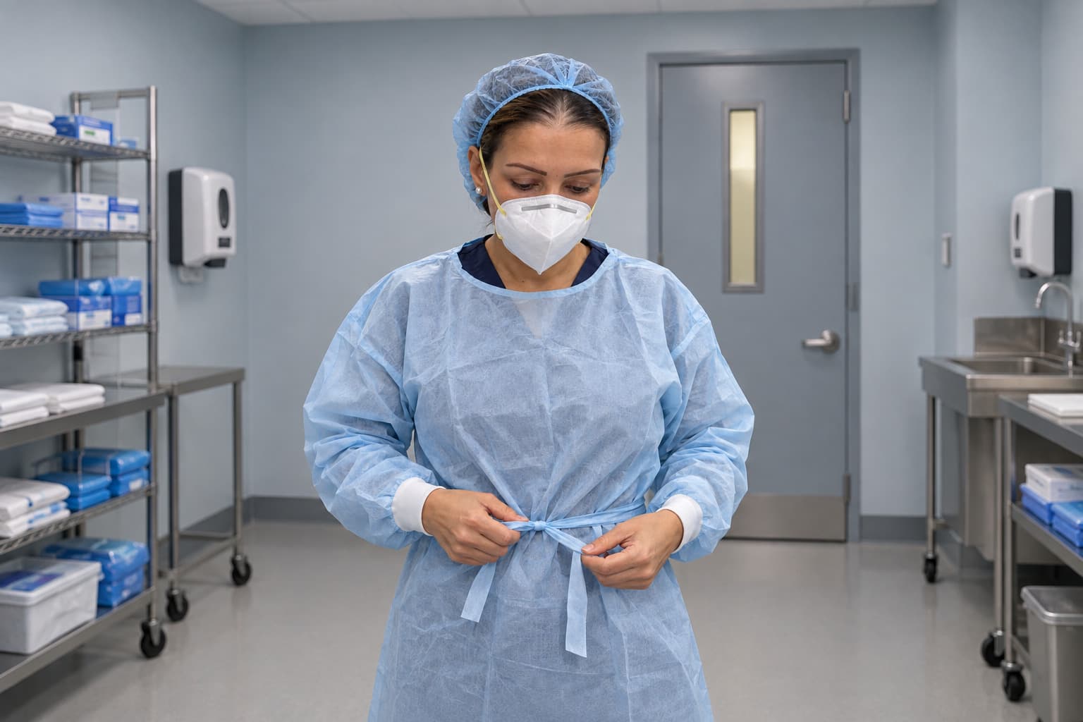 Zeinab Arafat fitting protective equipment before entering a unit