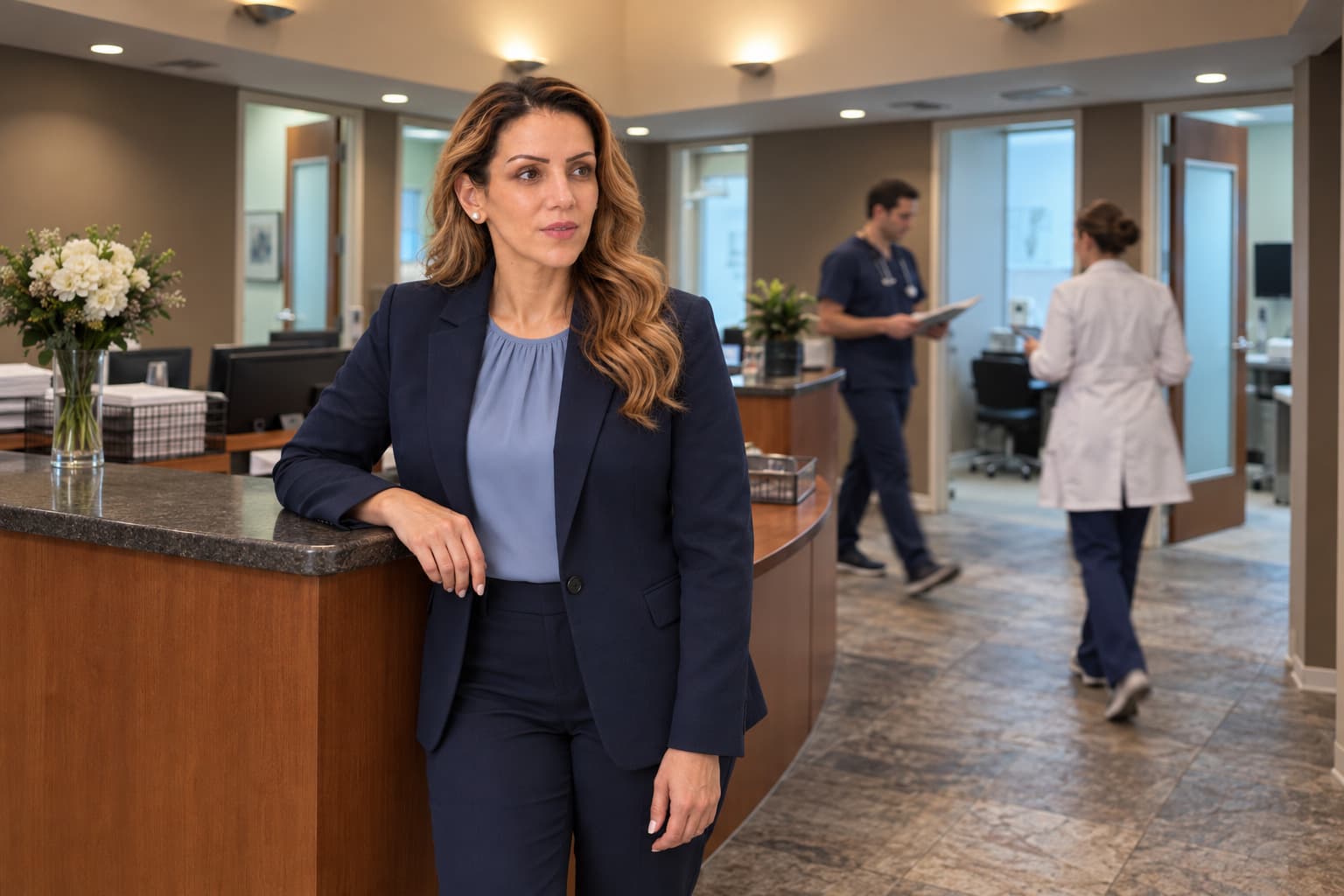 Zeinab Arafat on the floor of the practice she leads, with staff at work around her